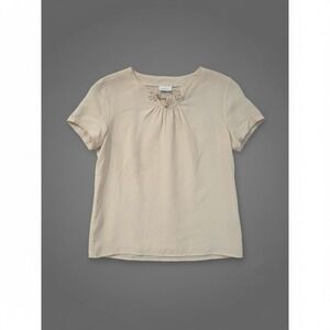 Anne Carson Cream Frog Knot Blouse, Women's Small, Short Sleeve, 100% Pure Silk